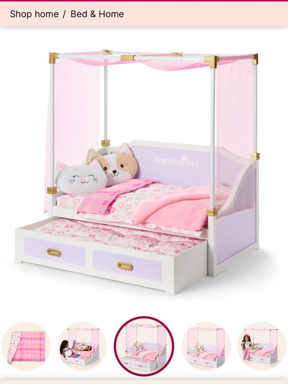 VEUC LIKE NEW BARELY USED American Pink Canopy Doll Bed with Pillows